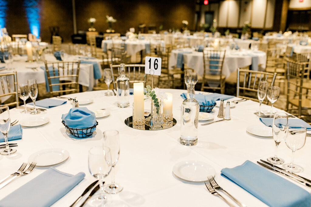 Blue and White Table decor at Tattersall Distilling Wedding