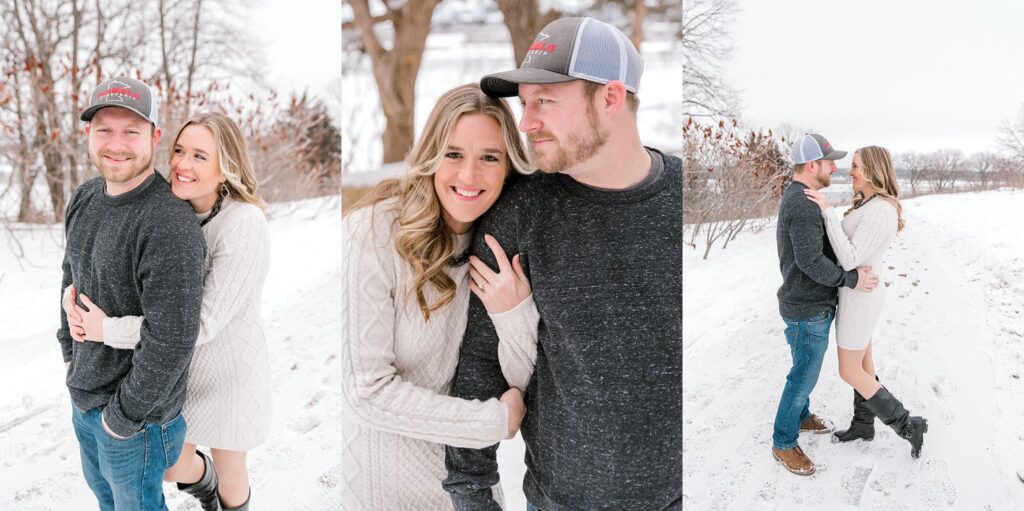 A woman in a cream dress and a man in grey shirt during winter engagement photos in Minnesota