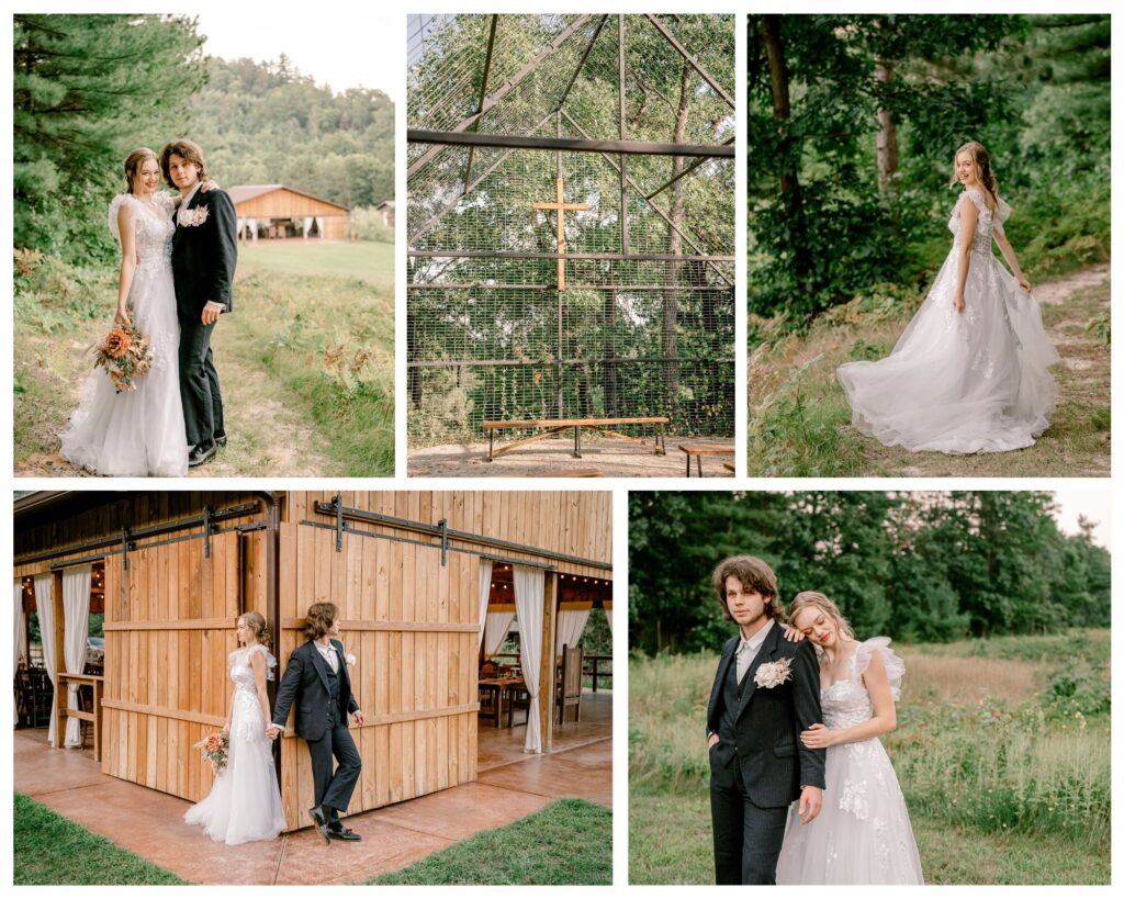 five image collage of a bride and groom in a woodsy outdoor wedding reception