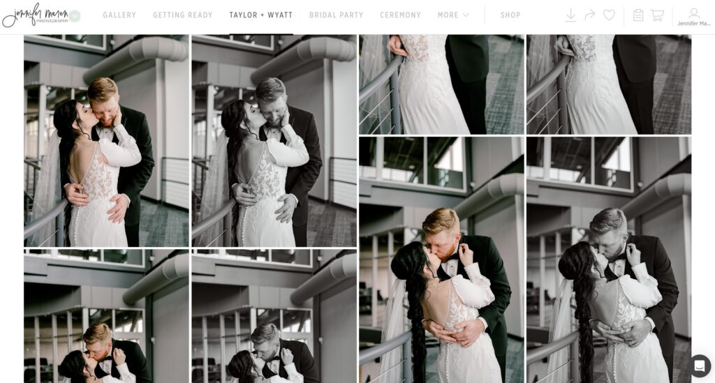 A screenshot image of a pic time gallery featuring photos of a bride and groom on their wedding day.  Gallery delivery is an important part of a photographer image backup process. 