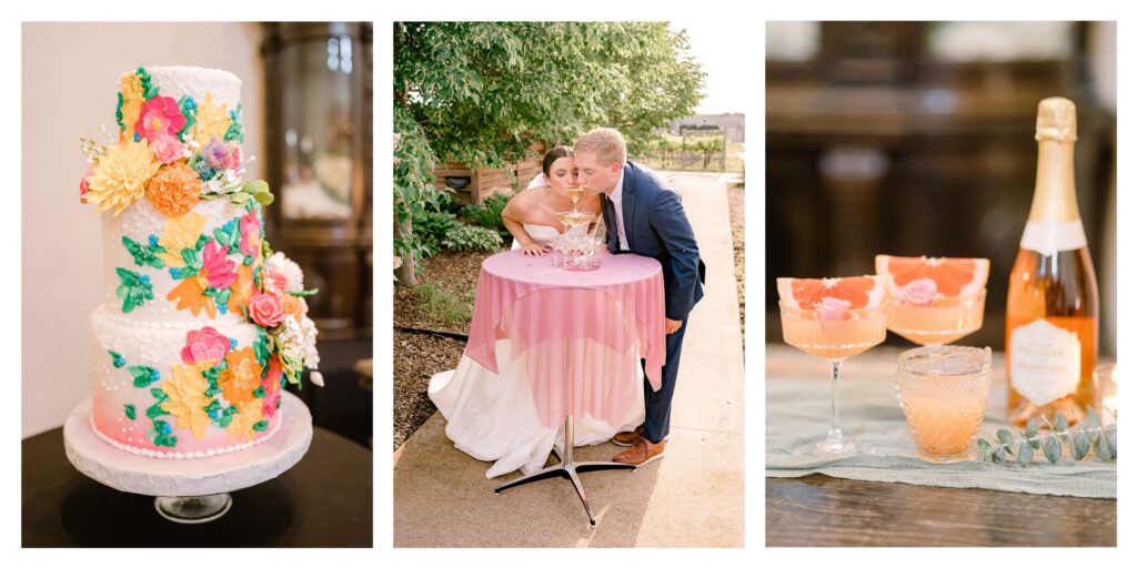 Three photos from a Villa Bellezza Wedding.  The first is an incredible colorful flower cake with pops of bright colors and three tiers.  The middle image is a couple sipping champagne from a champagne tower. The third is cocktail glasses and a bottle of rosa. 