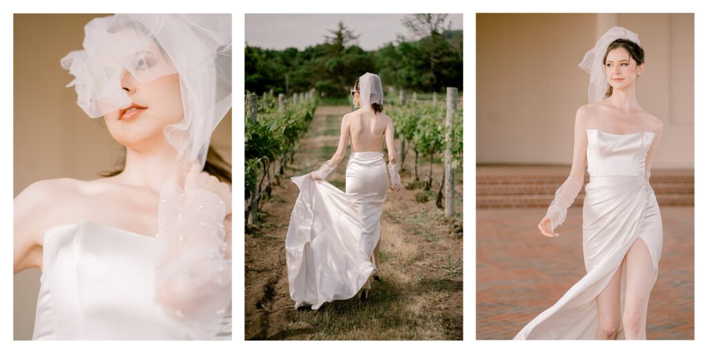 Three photos of a bride.  First image is shooting up at her under her veil while she has a soft smile.  Middle image she is walking through a vineyard while holding her dress in one hand.  Third image she walks on a brick pathway. 