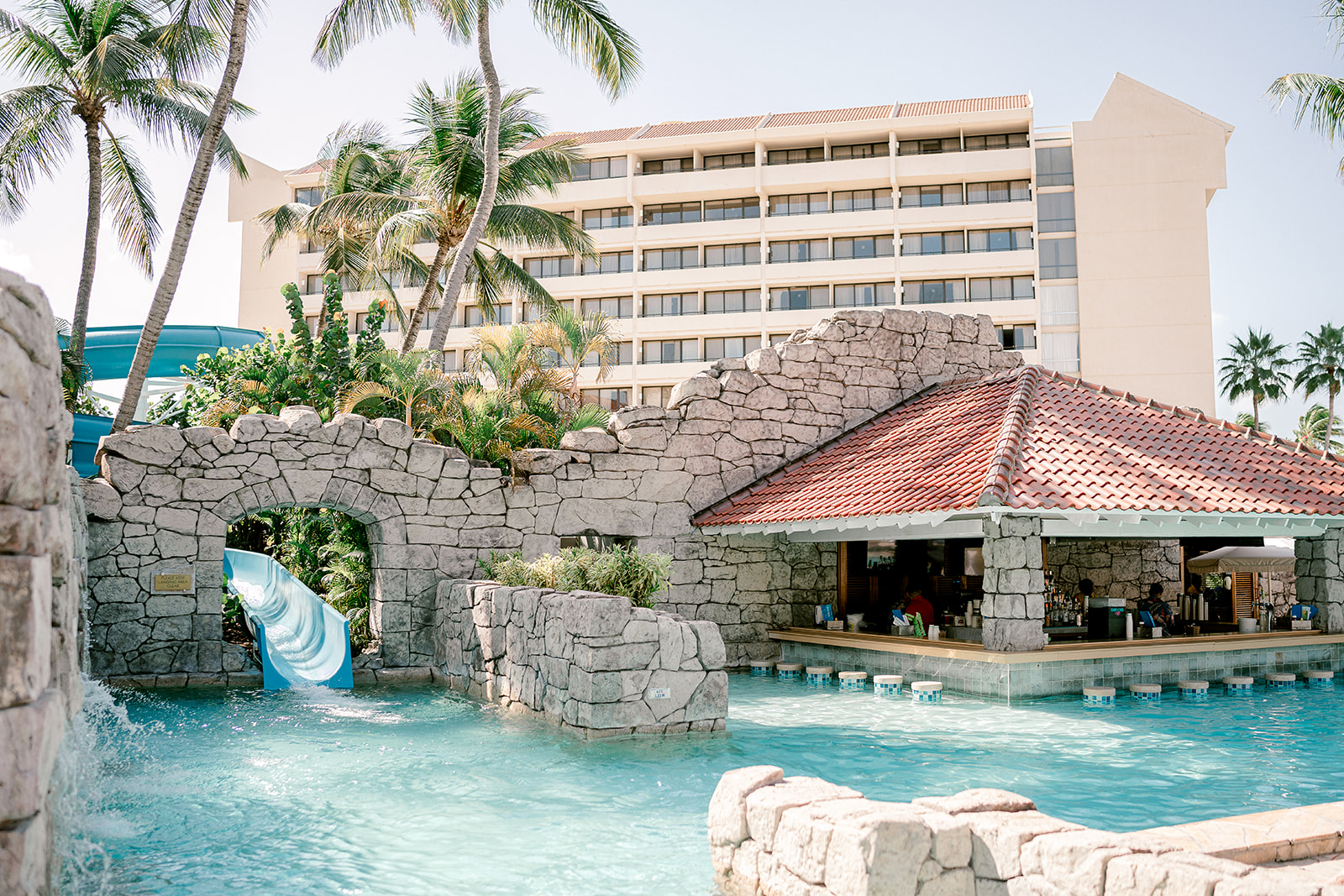 Pool with palm trees, swim up bar and water slide